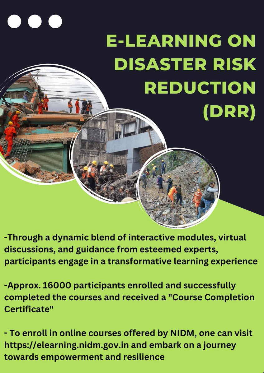 With a commitment to advancing PM Shri @narendramodi's agenda, @nidmmhaindia offers a suite of 10 comprehensive online courses, each meticulously crafted to address key facets of Disaster Risk Reduction. #DisasterResilientBharat @HMOIndia @PIB_India @NDRFHQ