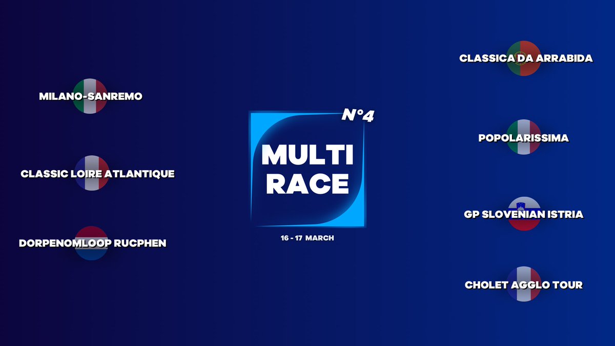 🆕 MULTIRACE 4 🆕

𝟳 𝗿𝗮𝗰𝗲𝘀 on the program, it starts tomorrow at 10am CET ! ⏳

Make your team for what promises to be a lively weekend, with  $𝟲𝟬 𝗮𝗻𝗱 𝟯𝟭 𝗰𝗮𝗿𝗱𝘀 up for grabs ! 🤑

👉 app.cylimit.com/game

#MilanoSanremo #FantasyGame #Cycling