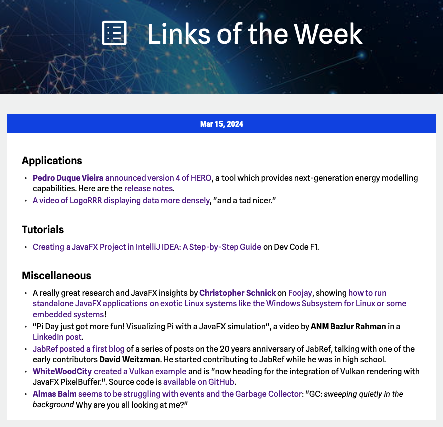 JFX-Central (@jfxcentral) on Twitter photo Here are the new #JavaFX #LinksOfTheWeek as published on jfx-central.com/links
Thanks to
<a href="/P_Duke/">Pedro Duke</a>
@logorrr
<a href="/devcodef1/">DevCodeF1</a>
<a href="/crschnick/">Christopher Schnick</a>
<a href="/foojayio/">Foojay.io</a>
<a href="/bazlur_rahman/">A N M Bazlur Rahman 🇧🇩🇨🇦</a>
<a href="/JabRef_org/">JabRef</a>
<a href="/WhiteWoodCity/">WhiteWoodCity</a>
<a href="/AlmasBaim/">Almas Baim</a>
Have a lovely weekend! Here are the new #JavaFX #LinksOfTheWeek as published on jfx-central.com/links
Thanks to
<a href="/P_Duke/">Pedro Duke</a>
@logorrr
<a href="/devcodef1/">DevCodeF1</a>
<a href="/crschnick/">Christopher Schnick</a>
<a href="/foojayio/">Foojay.io</a>
<a href="/bazlur_rahman/">A N M Bazlur Rahman 🇧🇩🇨🇦</a>
<a href="/JabRef_org/">JabRef</a>
<a href="/WhiteWoodCity/">WhiteWoodCity</a>
<a href="/AlmasBaim/">Almas Baim</a>
Have a lovely weekend!