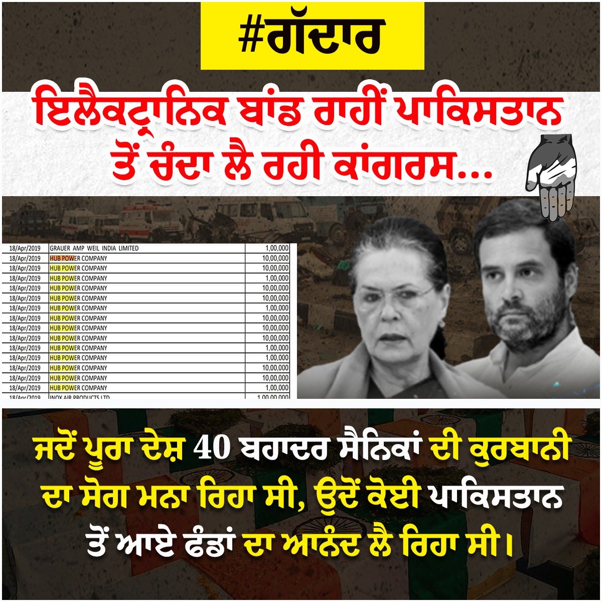 BJP4Punjab's tweet photo. ਗੱਦਾਰ ਕਾਂਗਰਸ 

ਇਲੈਕਟੋਰਲ ਬੌਂਡ ਰਾਹੀਂ ਪਾਕਿਸਤਾਨ ਤੋਂ ਚੰਦਾ ਲੈਣ ਵਾਲੀ ਗੱਦਾਰ ਕਾਂਗਰਸ 

ਪਾਕਿਸਤਾਨ ਸਥਿਤ ਕੰਪਨੀ, ਹੱਬ ਪਾਵਰ ਕੰਪਨੀ ਨੇ ਪੁਲਵਾਮਾ ਹਮਲੇ ਤੋਂ ਕੁੱਝ ਹਫ਼ਤਿਆਂ ਬਾਅਦ ਹੀ ਇਲੈਕਟੋਰਲ ਬੌਂਡ ਰਾਹੀਂ ਕਾਂਗਰਸ ਨੂੰ ਦਾਨ ਦਿੱਤਾ
ਜਦੋਂ ਪੂਰਾ ਦੇਸ਼ 40 ਵੀਰ ਜਵਾਨਾਂ ਦੇ ਬਲੀਦਾਨ ਦਾ ਸ਼ੌਕ ਮਨਾ ਰਿਹਾ ਸੀ, ਉਦੋਂ ਕੋਈ ਪਾਕਿਸਤਾਨ ਤੋਂ ਮਿਲਣ ਵਾਲੀ ਫਡਿੰਗ ਦਾ ਮਜ਼ਾ ਲੈ ਰਿਹਾ ਸੀ 
ਉਸ ਦਿਨ ਹੀ ਕਾਂਗਰਸ ਨੂੰ ਉਸੇ ਪੈਟਰਨ ਰਾਹੀਂ ਚੰਦਾ ਮਿਲਣਾ, ਜਿਸ ਰਾਹੀਂ ਪਾਕਿਸਤਾਨ ਕੰਪਨੀ ਨੇ ਭੁਗਤਾਨ ਕੀਤਾ ਇਹ ਕੋਈ ਸੰਯੋਗ ਨਹੀਂ ਹੋ ਸਕਦਾ 
ਮੈਂ ਕਿਹਾ ਸੀ ਇਲੈਕਟੋਰਲ ਬੌਂਡ ਰਾਹੀਂ ਕਾਂਗਰਸ ਨੰਗੀ ਹੋ ਜਾਵੇਗੀ, ਹਾਲੇ ਤਾਂ ਚੀਨ ਨਾਲ ਰਿਸ਼ਤੇ ਵੀ ਉਜਾਗਰ ਹੋਣਗੇ
ਕਾਂਗਸ ਨੂੰ ਅਡਾਨੀ ਅੰਬਾਨੀ ਨੇ ਭਾਜਪਾ ਤੋਂ ਕਿਤੇ ਗੁਣਾ ਵੱਧ ਫੰਡ ਦਿੱਤਾ, ਉਸਦੇ ਅੰਕੜੇ ਬਾਹਰ ਆਉਣੇ ਅਜੇ ਬਾਕੀ ਹਨ
ਕਾਂਗਰਸ ਨੂੰ ਲੱਗਦਾ ਸੀ ਕੋਰਟ ਵਿੱਚ ਜਾ ਕੇ ਉਹ ਭਾਜਪਾ ਦੇ ਚੰਦੇ ਦੀ ਮੰਗ ਕਰਨਗੇ, ਪਰ ਕੋਰਟ ਨੇ ਤਾਂ ਸਾਰਿਆਂ ਦੇ ਫੰਡ ਦੀ ਡਿਟੇਲ ਕੱਢਵਾ ਲਈ