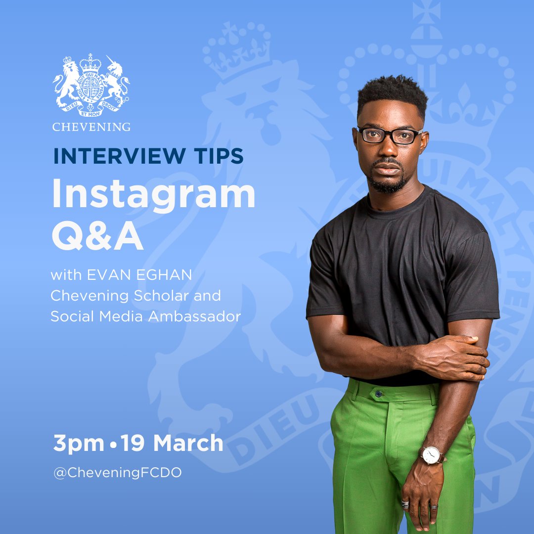 Do you have questions about your Chevening interview? 🤔 Leave your questions below for Chevening Scholar @iam_evaneghan and he'll answer it in our live Instagram Q&A! Don't forget to join on Tuesday 19 March at 3pm GMT 🙌