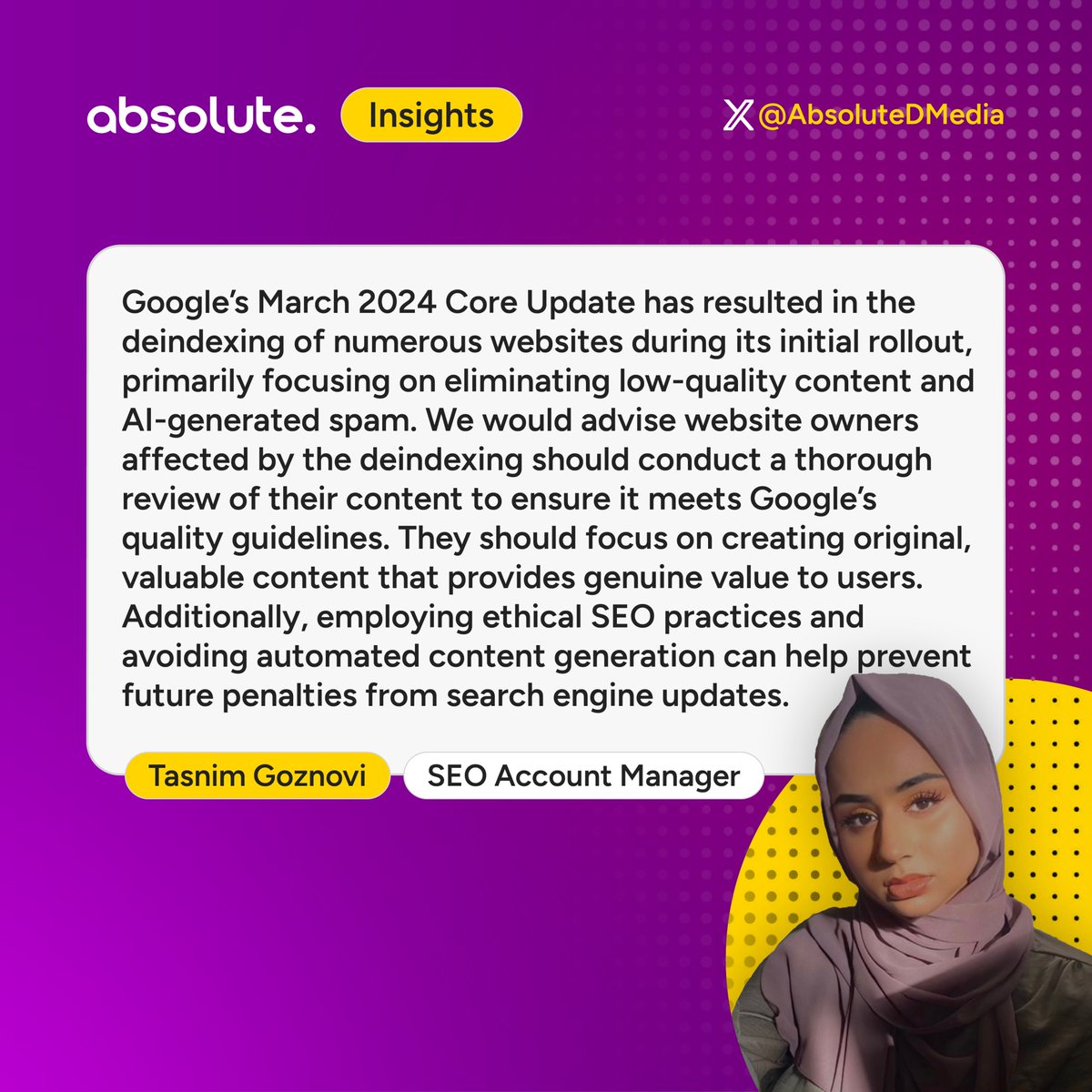 AbsoluteDMedia's tweet image. March Broad Core Algorithm Update 💻 | As Google&apos;s March Broad Algorithm update continues to rollout, we sat down with SEO Manager Tasnim to get her insights 💡⤵️

#seoinsights #digitalmarketingupdate #serpanalysis