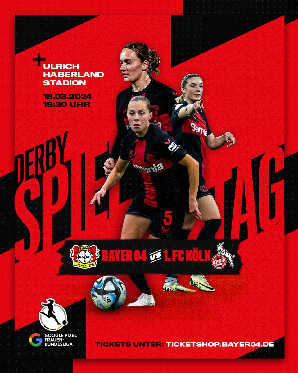 ⚫️🔴 DERBY für die #Bayer04Frauen ⚫️🔴
🆚 @fckoeln
🏟️ Ulrich-Haberland-Stadion
⌚️ 19.30 Uhr
🎟️ Onlineshop und Tageskasse
📺 @SPORT1, @DAZN_DE und @MagentaTV

🔜 #B04KOE | #Bayer04 | #DieLiga