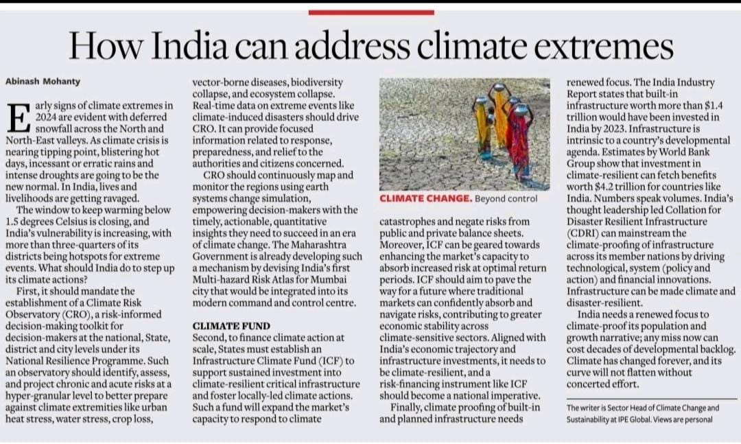 @Abinash0294 emphasizes on developing a #Climate Risk Observatory & establishment of Infrastructure Climate Fund to climate-proof lives and livelihoods in his latest #oped on #businessline. More on lnkd.in/gZvjRPGb @EsriIndia | @ndmaindia #ClimateCrisis #Climatechange