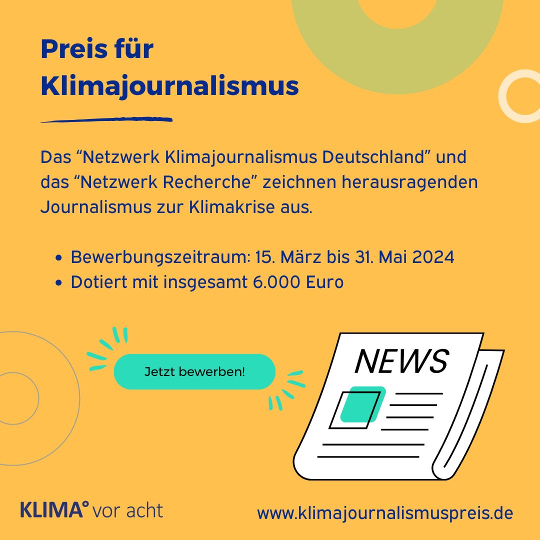 🌍 Liebe Medienschaffende, @klimajourno & @nrecherche haben den 'Deutschen Preis für Klimajournalismus' ins Leben gerufen! 🏆📰 Ab heute könnt ihr euch bewerben und eure herausragenden Beiträge zur Klimakrise einreichen. klimajournalismuspreis.de #MedienKlimaKrise