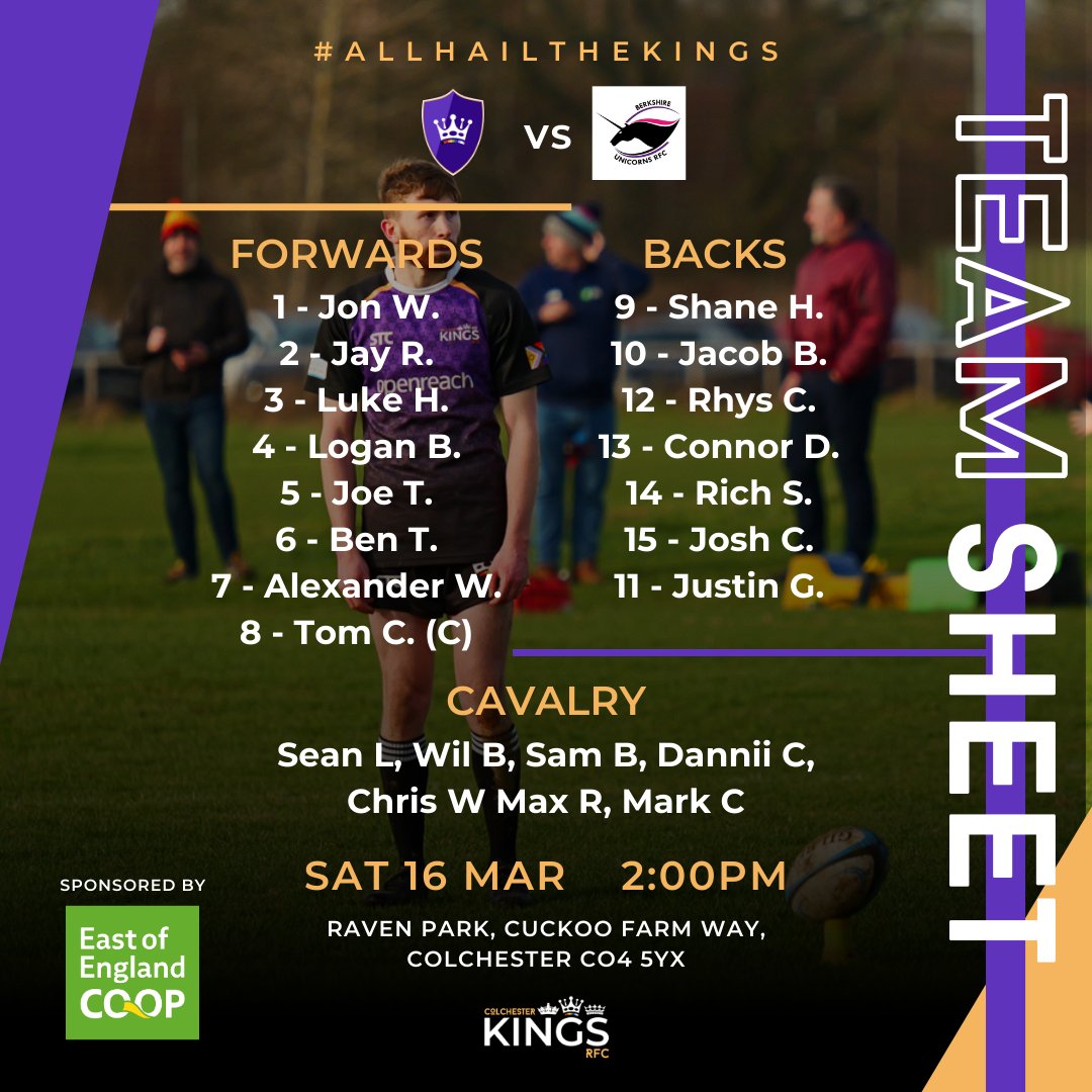 Here is your Saturday Squad for our home game against @unicorns_rfc💥 It's our last league game so if you can make it, grab a crown and cheer on your team! Kick-off is at 2pm at @ColchesterRFC. See you there! 🏳️‍🌈🏳️‍⚧️ #AllHailTheKings #rugbyforall #colchester #inclusiverugby