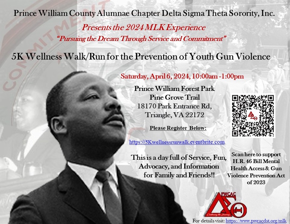 Join the Prince William County Alumnae Chapter of Delta Sigma Theta Sorority, Inc. on Saturday, April 6th 2024 10AM as we raise awareness about the Prevention of Youth Gun Violence! Register via the following link: 5kwellnessrunwalk.eventbrite.com #PWCACDST #DST1913