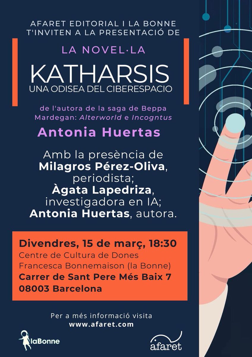 UOC: InformĂĄtica, Multimedia y TelecomunicaciĂłn (@uoceimt) on Twitter photo đŁđ AVUI! đ PresentaciĂł de la novel·la 'Katharsis: una odisea del ciberespacio'.
đ„ Amb l'autora <a href="/ma_huertas/">M. Antonia Huertas</a>, la investigadora experta en #IA <a href="/AgataLapedriza/">Agata Lapedriza</a> i la periodista <a href="/MilagrosPrezOli/">Milagros PĂ©rez Oliva</a>.
đĄ18:30 h (CET)
đ<a href="/LaBonne_CCDFB/">La Bonne</a>
CC <a href="/afareteditorial/">afaret editorial</a> đŁđ AVUI! đ PresentaciĂł de la novel·la 'Katharsis: una odisea del ciberespacio'.
đ„ Amb l'autora <a href="/ma_huertas/">M. Antonia Huertas</a>, la investigadora experta en #IA <a href="/AgataLapedriza/">Agata Lapedriza</a> i la periodista <a href="/MilagrosPrezOli/">Milagros PĂ©rez Oliva</a>.
đĄ18:30 h (CET)
đ<a href="/LaBonne_CCDFB/">La Bonne</a>
CC <a href="/afareteditorial/">afaret editorial</a>
