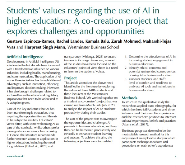 Delighted to see our article on ‘#Students’ values regarding the use of #AI in HE’ in the latest @Seda_UK_ issue of Educational Developments. A pleasure to collaborate with @LandercRachel, Kamala B, Zarah M, Maharshi-Tejas V, and Harpreet M. @uw_wbs #SCC shorturl.at/dntIL
