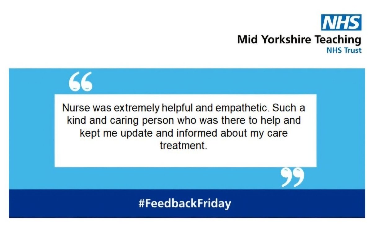 This week on #FeedbackFriday @MidYorkshireNHS its the turn of our Gate 12 team @AauPgh who received this fantastic feedback about one of our nurses. Well done & a special shout out to the nurse involved in this patients care! Thank you! #NHS #MYTeam #PatientFeedback #AcuteCare