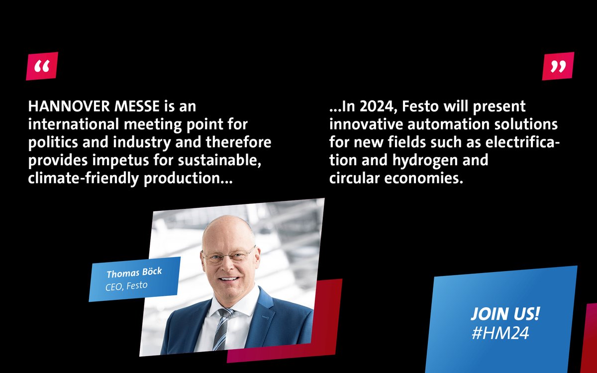 “#HM24 is not just an event; it's the heartbeat of innovation, where industry leaders converge to shape the future,' Thomas Böck, CEO of Festo. ✨ Let's embark on this journey of innovation together! 🌐 fcld.ly/924ffqu