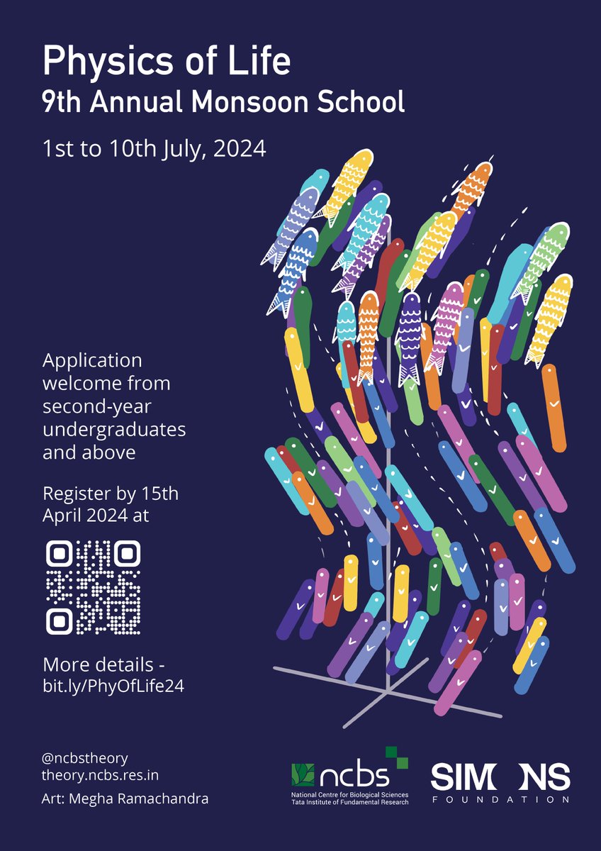 📢 We're thrilled to announce the 9th edition of our Annual #MonsoonSchool - #PhysicsOfLife2024! 📅 1-10 July 2024 | @NCBS_Bangalore 👥Open to 2nd year undergrads & above ✍️🏽 Register by 15th April: bit.ly/PhyOfLife24-ap… 💻 Read more: bit.ly/PhyOfLife24 #PhyOfLife24