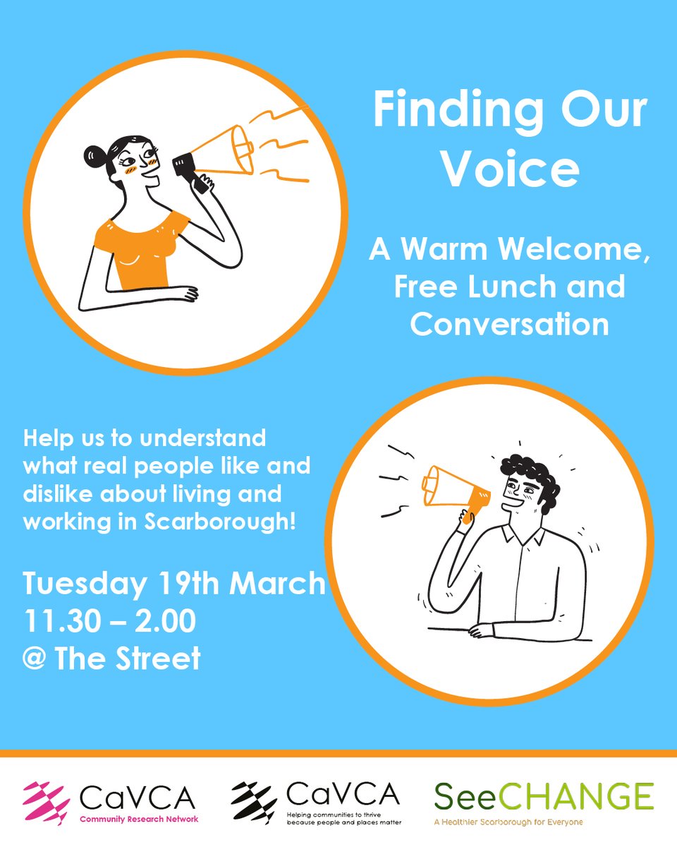 🚨 Finding Our Voice is happening TOMORROW from 11.30am-2.00pm at The Street! 🚨 It's an event for anyone who lives or works in Scarborough to help us to understand better what real people like and dislike about living and working here eventbrite.co.uk/e/852876154537…