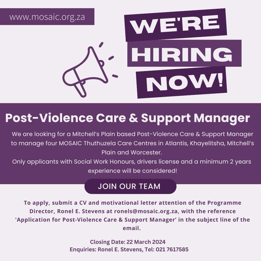 mosaicngo's tweet image. 📢📢 JOIN the MOSAIC Team and help make a difference in ending violence in our communities. Job Vacancies 👇🏾👇🏾#JobVacancyAlert