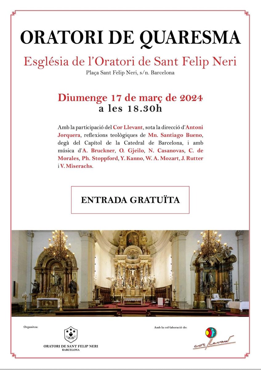Concert de Quaresma aquest diumenge a 2/4 de 7 a l'Oratori de #SantFelipNeri. Hi sou convidats. 💛💛💛💛💛