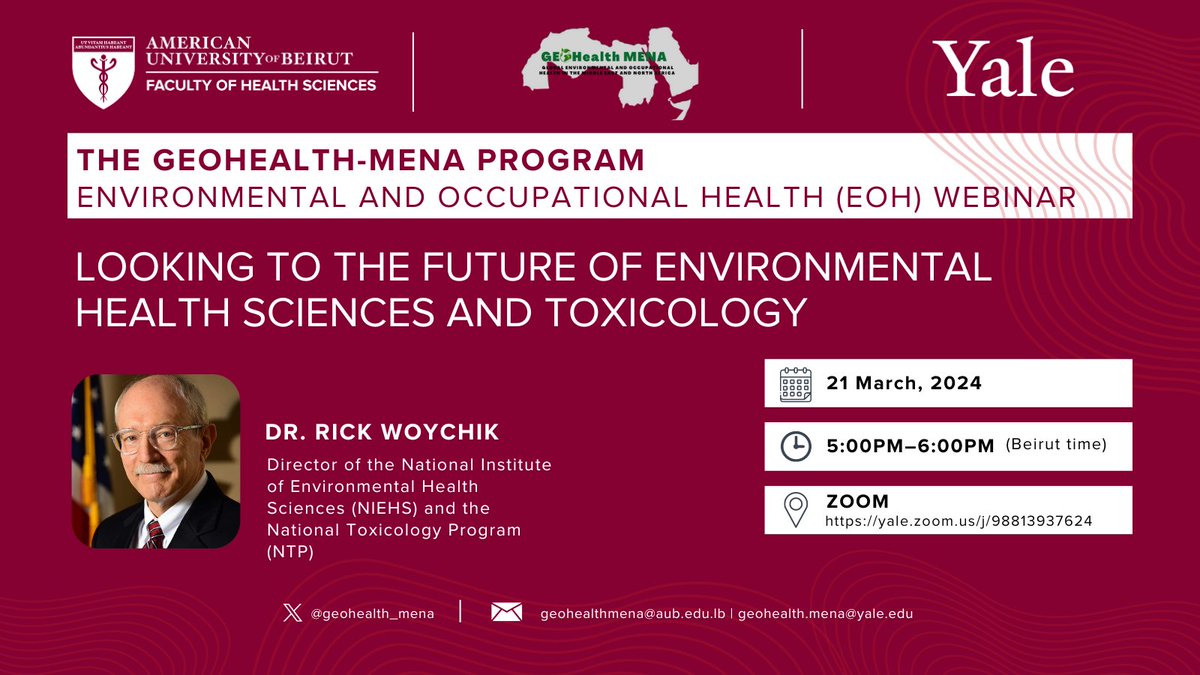 📢 Join us for an insightful #EOH webinar on the future of #environmental #health sciences and #toxicology, featuring Dr.@DirectorNIEHS 🗓️ 21 March, 2024 🕔 5:00 PM Beirut time/ 11:00 AM EST Open to all! Join via this link: yale.zoom.us/j/98813937624