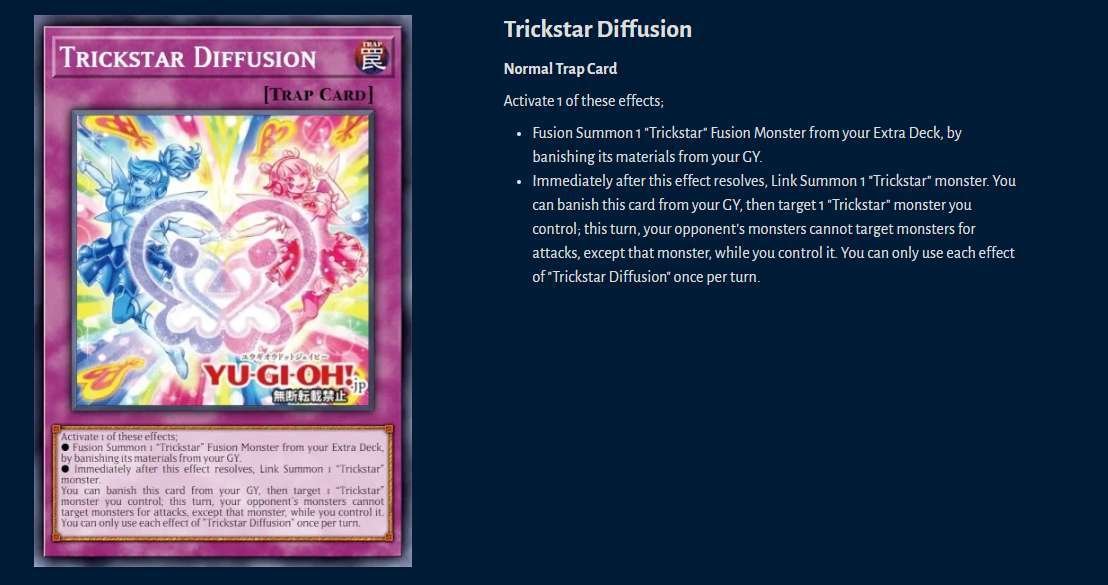 Just seen the new Trickstar YuGiOh cards and omg I'm so excited. The deck is getting almost every piece of support it needs, finally gonna have actual removal and more searching. Trickstar Just seen the new Trickstar YuGiOh cards and omg I'm so excited. The deck is getting almost every piece of support it needs, finally gonna have actual removal and more searching. Trickstar