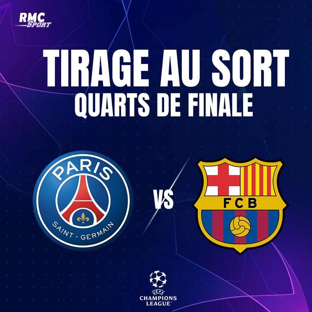 🚨🔥 LE PSG EST FIXÉ !

LES PARISIENS AFFRONTERONT LE BARCA EN QUART DE FINALE DE LA LIGUE DES CHAMPIONS !

#UCL #tirageUCL 

rmcsport.bfmtv.com/football/ligue…