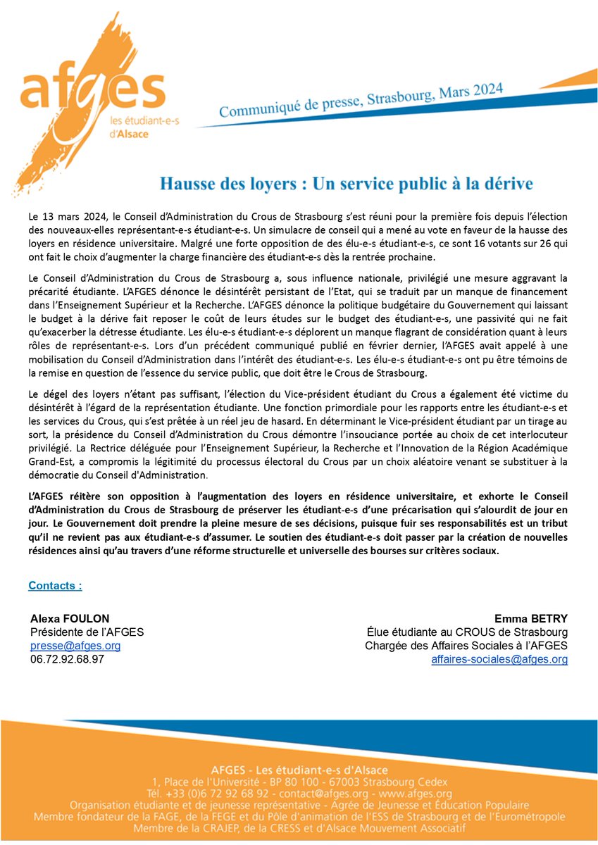 #CROUS | On a voté CONTRE mais pas eux !

Le Conseil d'Administration du <a href="/Croustrasbourg/">Crous de Strasbourg</a> a approuvé l'augmentation des #loyers en résidences étudiantes

Un service public à la dérive ⛵️

📢Le #Gouvernement doit prendre ses responsabilités ! Ce n'est pas aux #étudiantEs de subir !