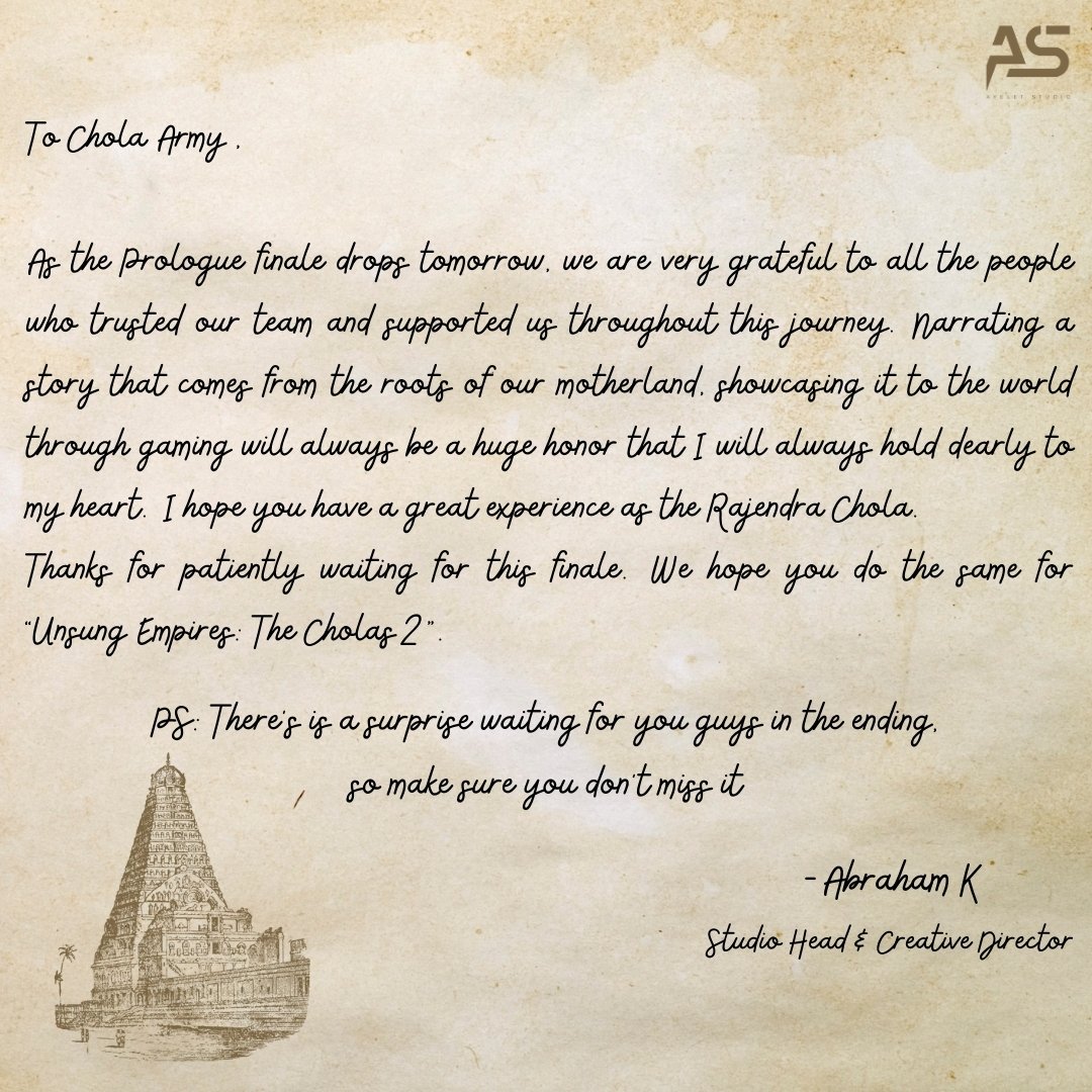 Here's a letter to you guys who have joined us in this journey of making 'Unsung Empires: The Cholas I'. Get ready for an unforgettable finale!

#unsungempires #TheCholas #tamilgame #GamerCommunity #VideoGames #cholaempire #FunGaming #streamers #gaming #CholaDiaries #gamedev