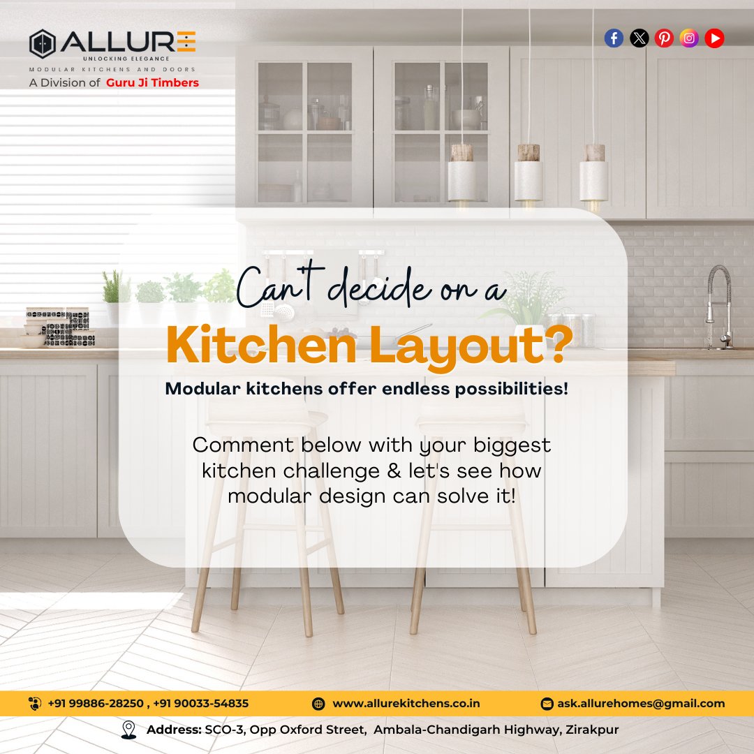 Can't decide on a Kitchen Layout?
Comment below with your biggest kitchen challenge & let's see how modular design can solve it!
For more details, reach out to us at
📞 +91-99886 28250, +91-98884 97771
📧  ask.allurehomes@gmail.com
#modularkitchens #kitchenlayout #kitchendesign