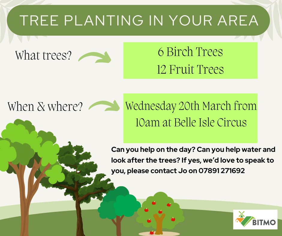 Thanks @whiteroseforest for paying for new trees across Belle Isle. Tues 19 March, Low Grange View park from 10am. 12 fruit trees & 6 oaks. Wed 20 March, Belle Isle Circus from 10am. 12 fruit trees & 6 birches. Can you help @Fruitworks plant the trees or water them next summer?