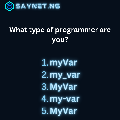 SaynetNg's tweet image. 👩💻 Which programmer are you? Do you prefer 'my_var' or 'myVar'? Let's find out your coding style! 💻 #ProgrammingPreferences #CodingStyle #Trending #CyberSecurity #programming #saynet #variable