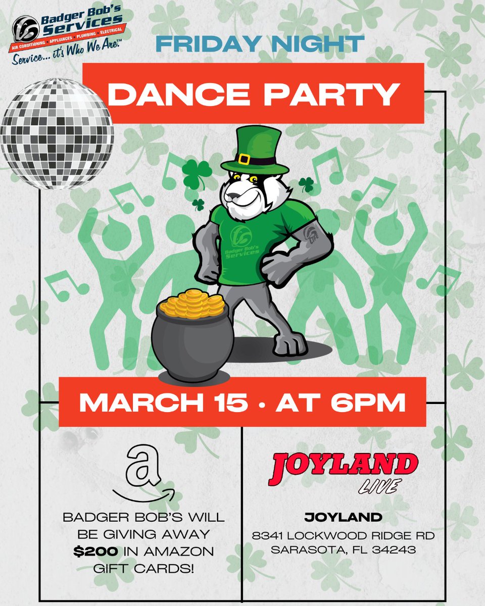 Badger1Service's tweet image. Friday Night Dance Party with Jones &amp;amp; Company is TONIGHT at Joyland! Come early for food and drinks, and then the dancing starts at 7PM. Wear green 💚 to kick off St. Patty&apos;s Day weekend. 🍀🌈

We will be giving away 💲$200💲in Amazon gift cards! 

#FNDP #BadgerBobs #WSRZ #Amazon