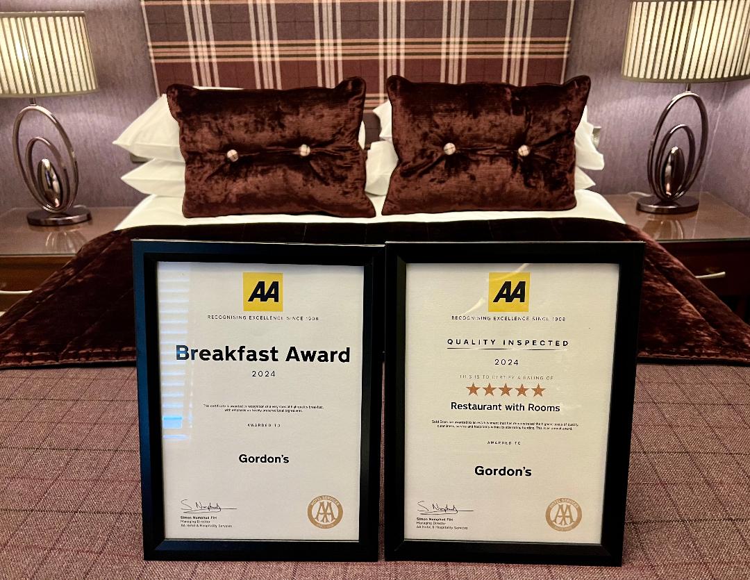 TWO TOP AWARDS FOR GORDON'S! ⭐️⭐️⭐️⭐️⭐️
We are thrilled to have been awarded the prestigious AA 5 Gold Star rating for the organisation’s ‘supreme accolade for guest accommodation.' Along with the AA Breakfast Award for 2024. #TheAA #AARatedTrips #AAHospitality #GordonsRest