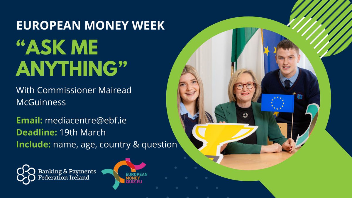 Marking the 10th anniversary of European Money Week, school students have a unique opportunity to ask Commissioner <a href="/McGuinnessEU/">Mairead McGuinness</a> their burning finance questions. Watch out for video responses from the Commissioner! #EMW24 <a href="/EBFeu/">European Banking Federation 🇪🇺</a> #GMW2024 <a href="/bstaireland/">Business Studies Teachers' Association of Ireland</a>. How to get involved 👇