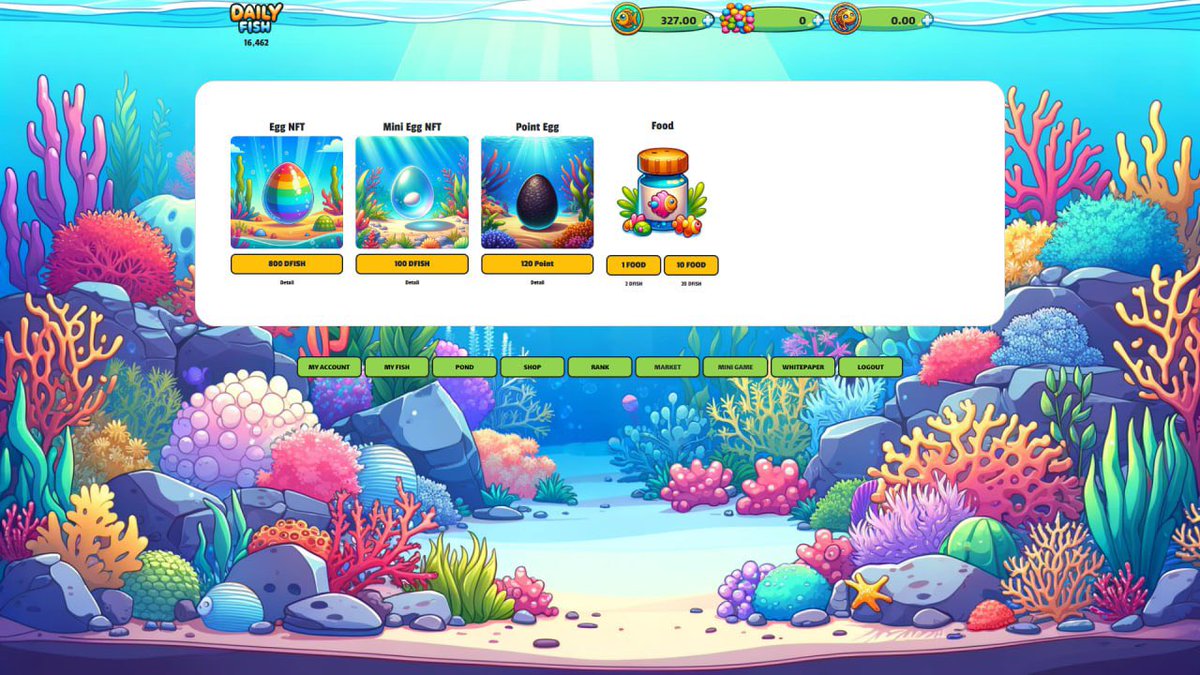 🚀ANNOUNCE

Update Function 
1.Point Egg  = 120 Point
Mini Fish Super Rare : 30%
Mini Fish Legendary : 70%

2.Remove  FishTank system (So that investors don't waste money buying a new fish tank) 
Fish tank limit increased from 50 to 100

3.Adjusted referral reward from 2% to 5%
