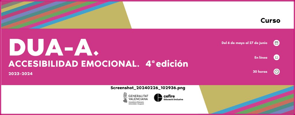 📢 📝 Inscripción abierta al curso: "DUA-A. Accesibilidad emocional. 4ª edición"

📆 Del 6 de mayo al 27 de junio
💻 En línea
⏳ 30 horas

TODA la ℹ️ e inscripciones ⬇️
cefire.edu.gva.es/sfp/index.php?…

<a href="/GVA_Cefire/">Formació, Innovació i Recursos per al Professorat</a>