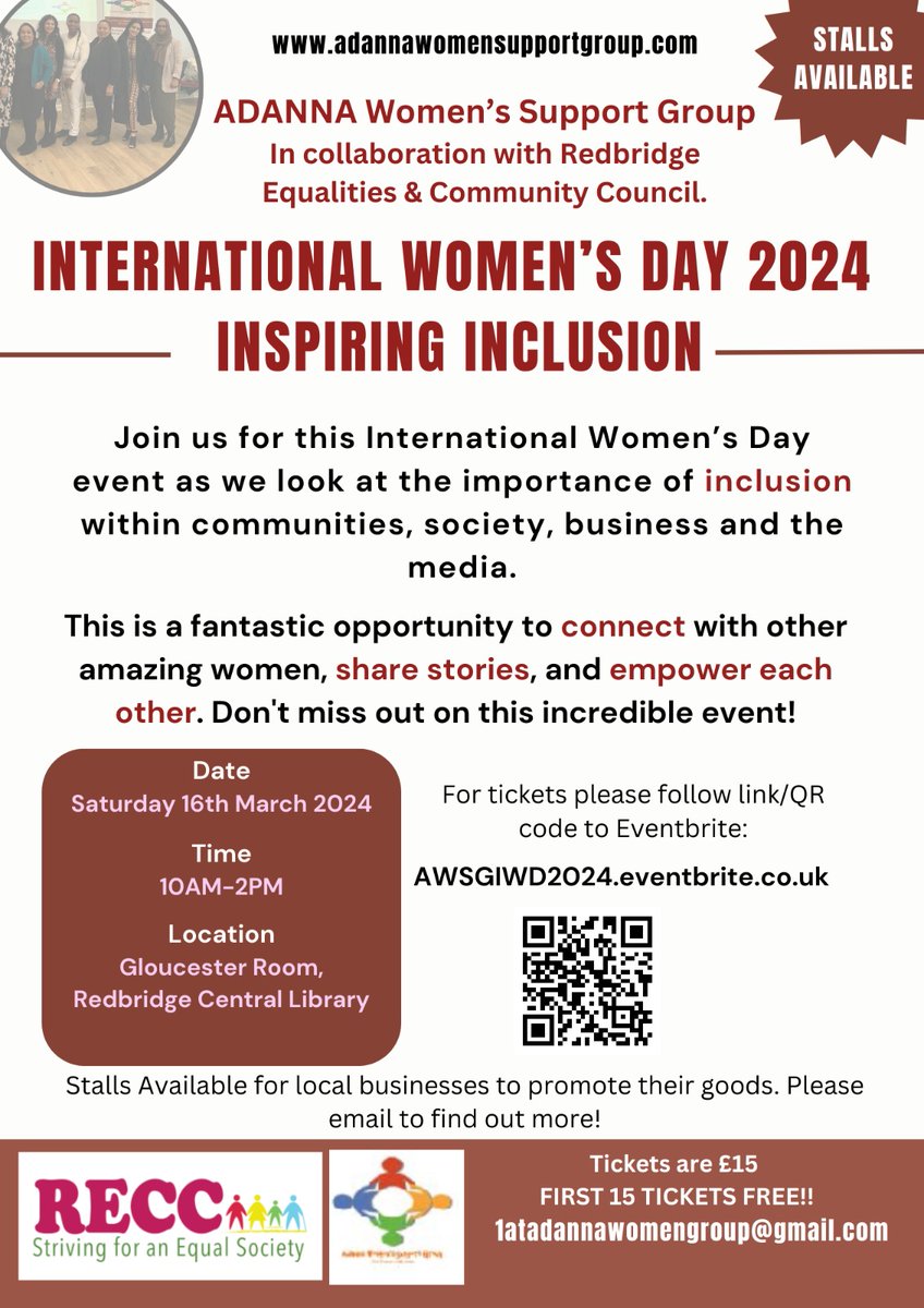 Come join us for a special event celebrating International Women's Day ! On Saturday 16th March 2024 Time 10am to 2 pm At the Redbridge Central Library in Ilford . Register to attend on Eventbrite AWSGIWD2024.eventbrite.co.uk @ImanIFE #Inspireinclusion #InternationalWomensday