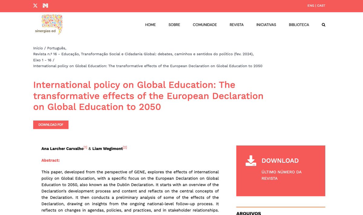 📢 Issue 16 Journal #Sinergias

With an article from our friends Ana Larcher <a href="/LiamWegimont/">Liam Wegimont</a> at @GENE_Global about the transformative effects of the European Declaration on Global Education to 2050 📑
🔗 bit.ly/Sinergias_GENE

<a href="/SinergiasED/">Sinergias ED</a> @ciie_fpceup <a href="/redeinducar/">Inducar</a> <a href="/camoes_ip/">Camões.IP</a>