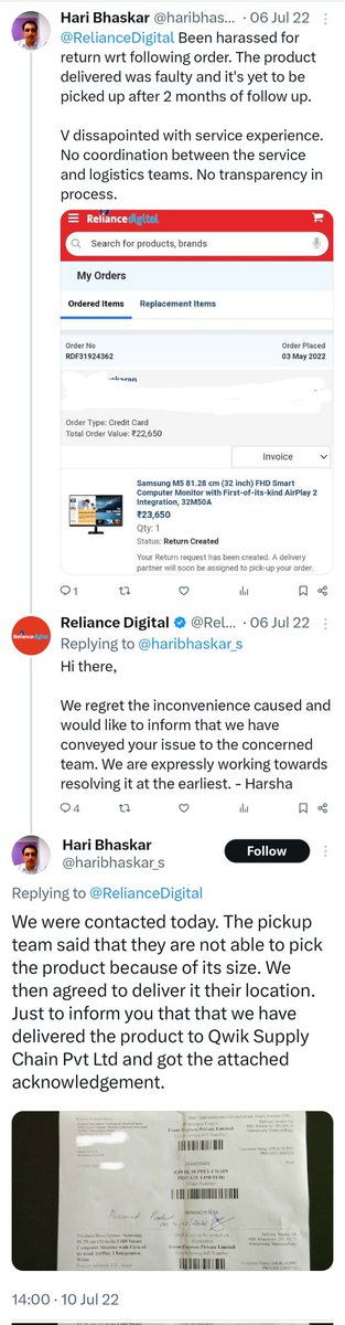 A faulty product was delivered to a customer by Reliance Digital. The customer complained, He was asked to return it back to the address they mentioned. The customer returns the product to 'Qwik Supply Chain Pvt Ltd' and shares the acknowledgement. Qwik Supply Chain Pvt Ltd…