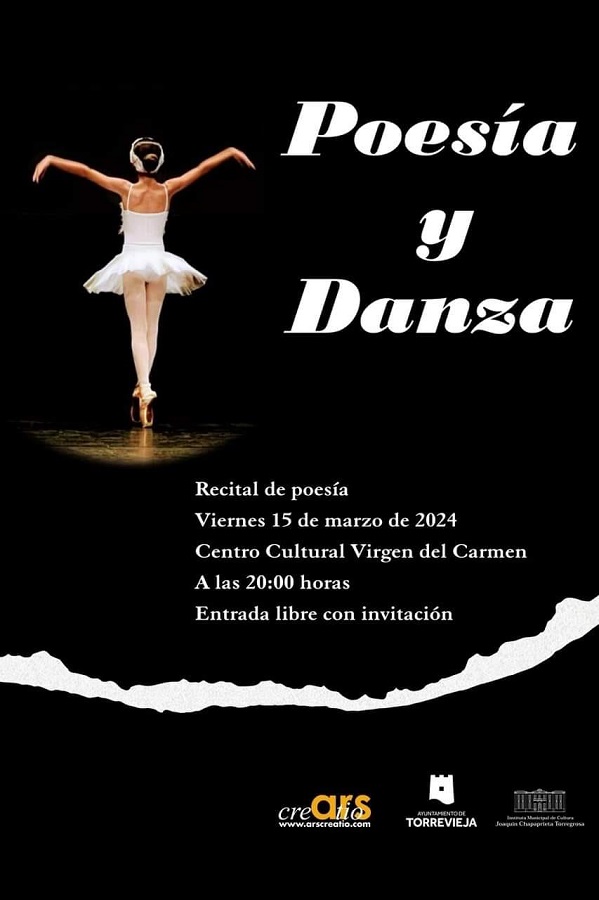 #ocio 🩰 #Alicante #eventos 
La Asociación #Cultural @ArsCreatio de #Torrevieja ofrecerá #Hoy una tarde de 'Poesía y Danza' en colaboración con la Academia local Mery Dance
⏳ 20:00h - C.C. Virgen del Carmen
Libre entrada con invitación 
Recógela en el mismo Centro Cultural