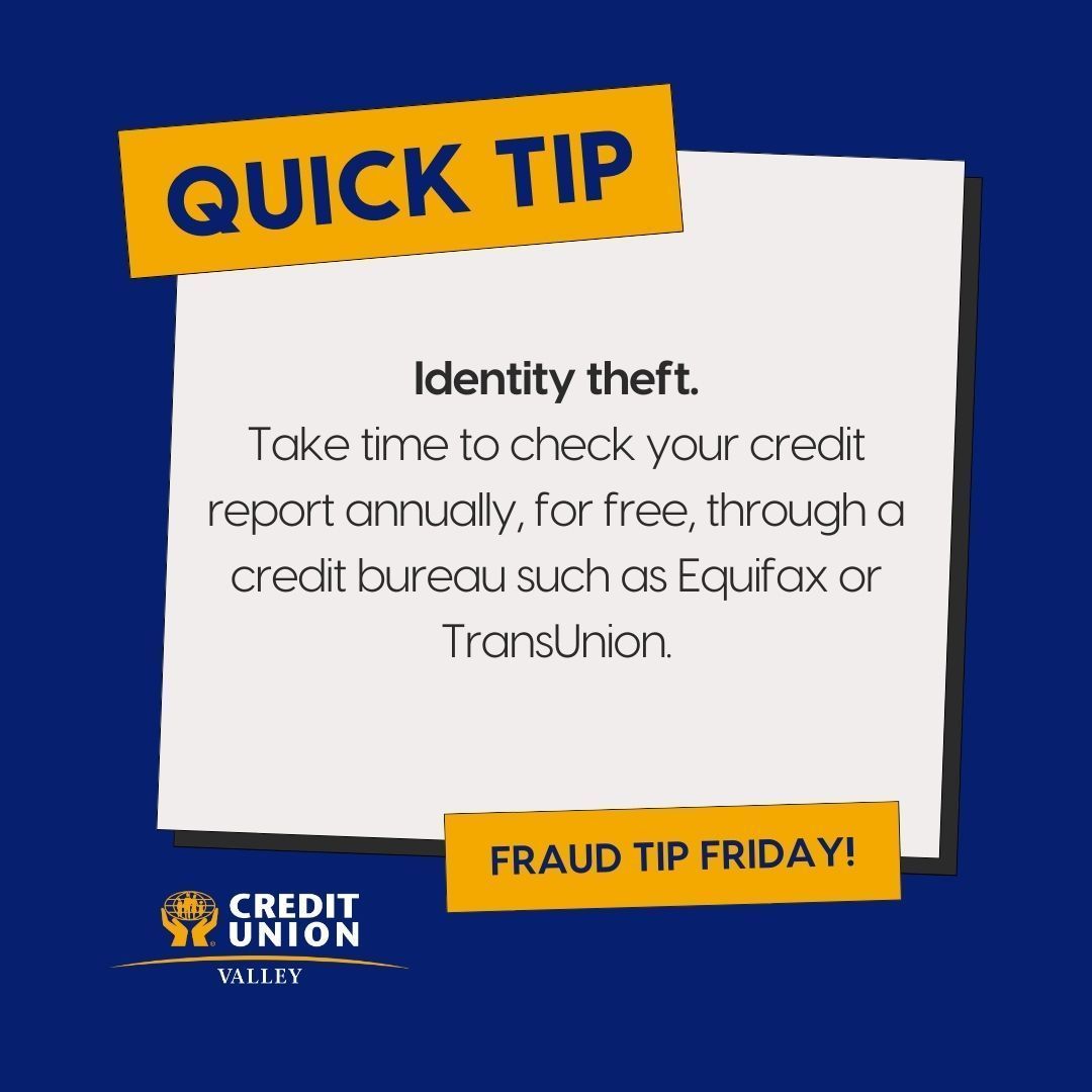 #FraudFridays Monitor your statements. Regularly review your bank statements, credit card bills, and financial transactions. Look for any unfamiliar charges or suspicious activity, as these could be signs of identity theft.

// 

#ValleyCU #QuickTips #GetCyberSafe #BeScamSmart