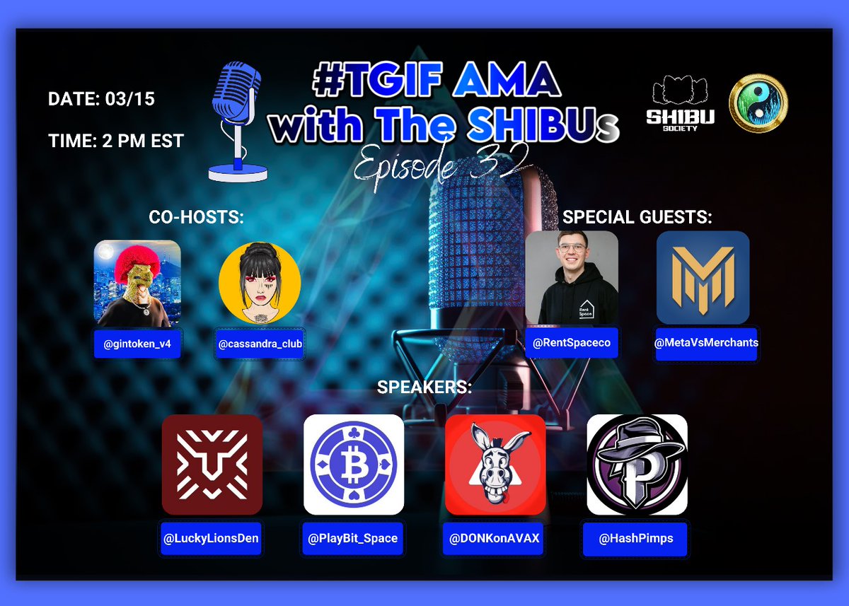 📅 2 PM EST 
⏰ 03/15 

Join and win 20$ worth of $Playbit 

▶ Follow <a href="/PlayBit_Space/">PlayBit Official | PRE-SALE IS LIVE 🚀</a>, <a href="/ShibuSocietyNFT/">SHIBU Society</a>, <a href="/colRverse/">colR</a>, <a href="/YinDAO_Finance/">YIN DAO ☯️</a>, <a href="/Shibucuzzybro/">ShiBu cuZZYbrO</a>, <a href="/cassandra_club/">Cassandra Club (mint is live)</a>, @gintoken_v4 
▶ Like + RP &amp; Invite 3 friends 
▶ Be in the space to win ⬇ 

x.com/i/spaces/1mrGm…