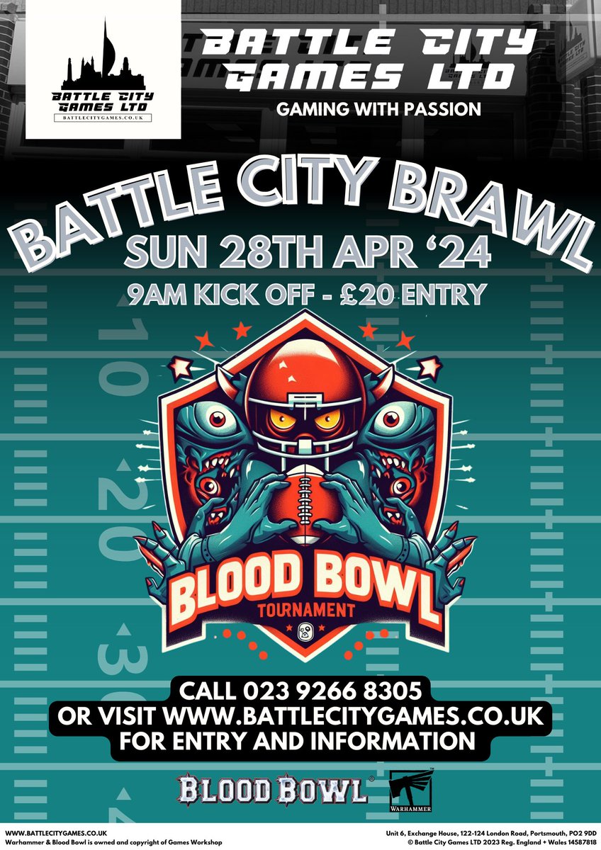 🏈🎲 Get ready to rumble on the gridiron! 🎲🏈Join us on Sunday, April 28th, for the ultimate showdown at Battle City Brawl, Portsmouth! 🥇 Gather your team, strategize your plays, and dive into the action-packed world of Blood Bowl.
#BattleCityBrawl #BloodBowl #TabletopGaming