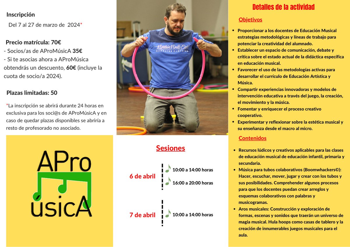 Quieres mover tus clases d #música y no sabes cómo? Inscríbete y aprenderás recursos para trabajar la #EdMusical con #aros y #boomwackers y que tu alumnado se divierta y quiera más 👉🏻 apromusica.blogspot.com/2024/03/curso-… 🎸 #EducaConMúsica 💚#Sevilla 🥁#MúsicaActiva #Música3D 👍🏻@UiraKuhlmann