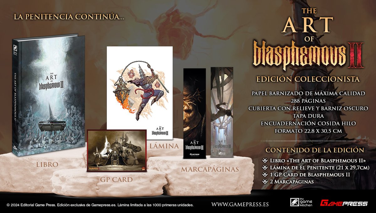 GamePressEd's tweet photo. ¡PENITENTES! ⛪️

Vuestra Penitencia continúa. ABRIMOS RESERVAS de "THE ART OF BLASPHEMOUS II", el libro de arte oficial creado en colaboración con los mismos artífices del juego, @TheGameKitchen.

📓A la venta el 18/04. Resérvalo aquí: https://t.co/qC2fcVUcNf https://t.co/VYI64bCpyq