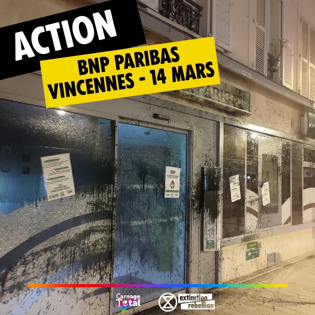 🧯Hier soir, des rebelles @xrParisIDF ont pris pour cible 2 banques @societegenerale et @BNPParibas à Vincennes pour dénoncer leur soutien financier aux projets écocidaires de @TotalEnergies💥

✊ Stop tous nouveaux projets fossiles !

#StopMozambiqueLNG #StopTotal #CarnageTotal