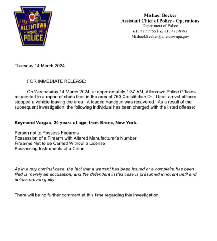 MEDIA RELEASE: FIREARM ARREST #AllentownPolice