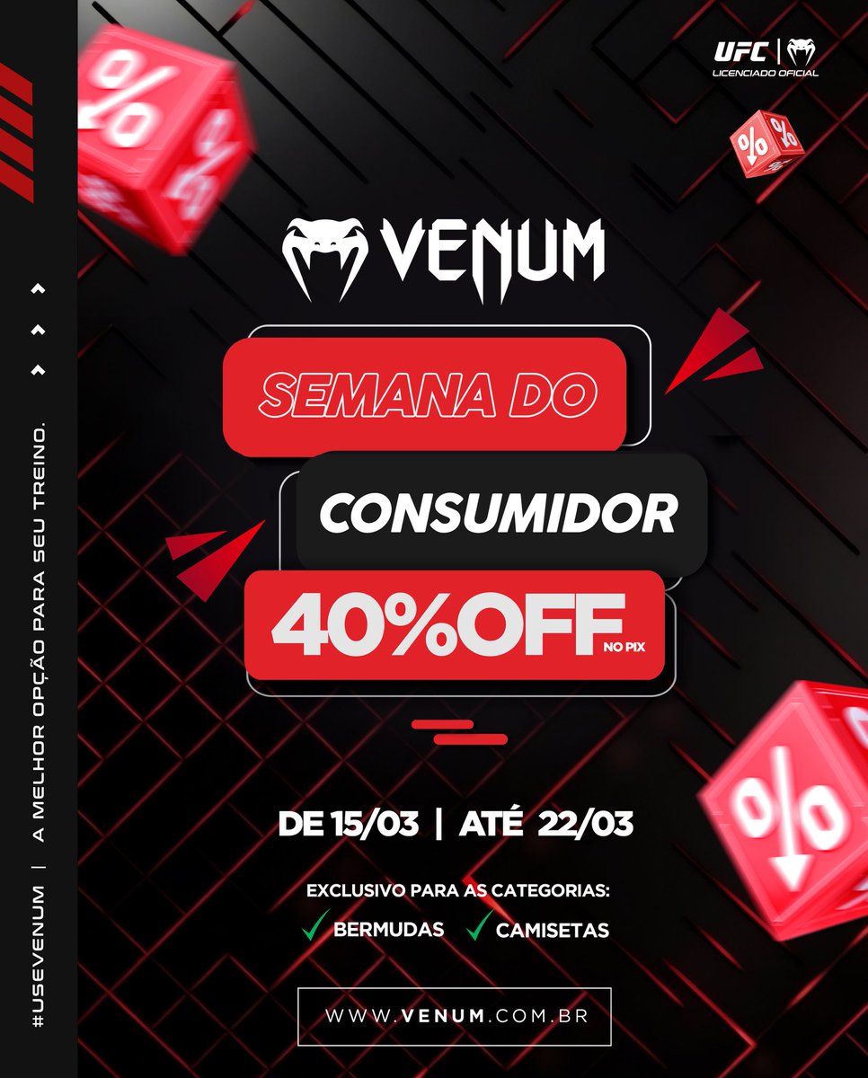 venumbr's tweet photo. Semana do Consumidor na Venum🔥: Descontos de 40% em Bermudas e Camisetas!

Chegou a hora de aproveitar uma semana inteira de ofertas imperdíveis no site da Venum! Para celebrar o Dia do Consumidor, estamos oferecendo descontos arrasadores de #40% em bermudas e camisetas. https://t.co/n5QRXGJWwa