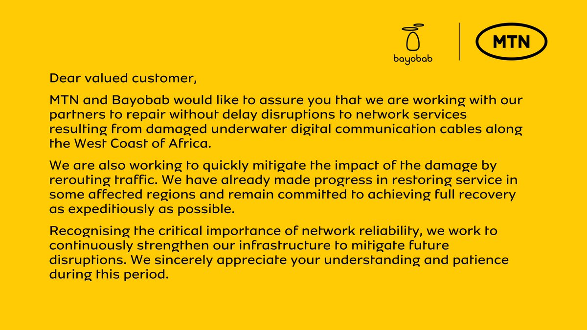 We're addressing the network service disruptions caused by damaged undersea cables on Africa's West Coast. Progress is being made in restoring service, and traffic is being rerouted. We appreciate your understanding.
Read more: bit.ly/49K3QFb
#DoingGoodTogether