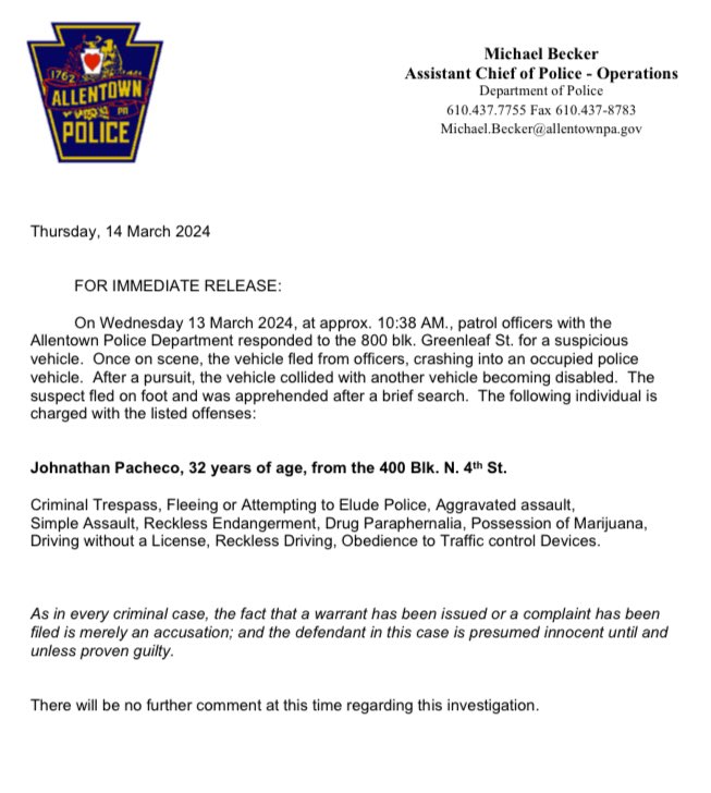 MEDIA RELEASE: FLEEING AND ATTEMPT TO ELUDE POLICE AND NUMEROUS CHARGES ARREST #AllentownPolice