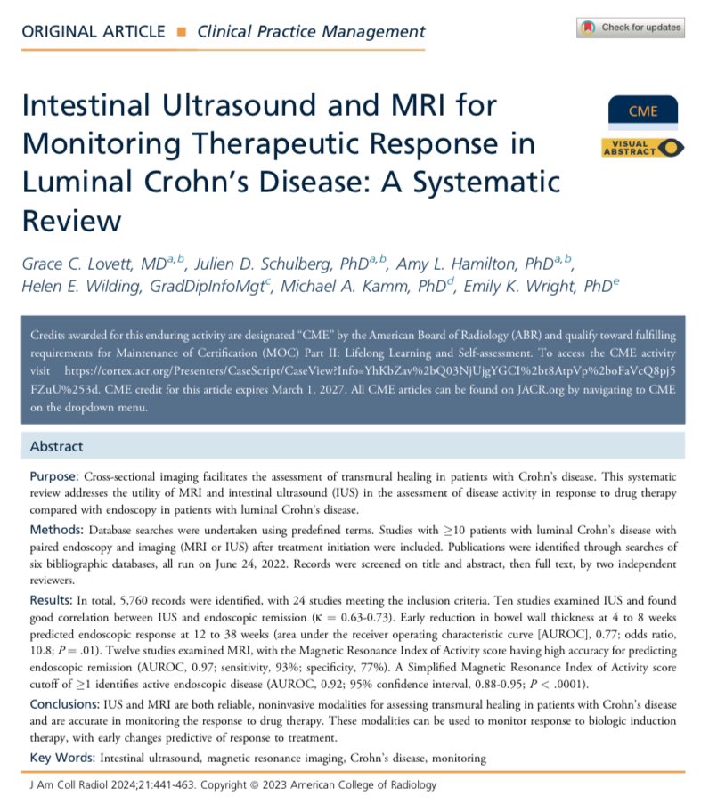 📰 March 2024 @JACRJournal How can monitoring Crohn’s disease activity with intestinal ultrasound or MR enterography impact patient care? By… ✅ Decreasing frequency of endoscopic evaluation ✅ Allowing early treatment optimization jacr.org/article/S1546-…