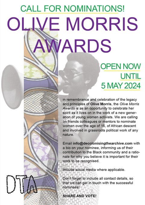 Nominations are now open for the Olive Morris Awards, celebrating the young women activists of African descent who are continuing Olive’s legacy of grassroots political work in Brixton and beyond. Deadline: 5th May 2024. More info: decolonisingthearchive.com/remembering-ol…