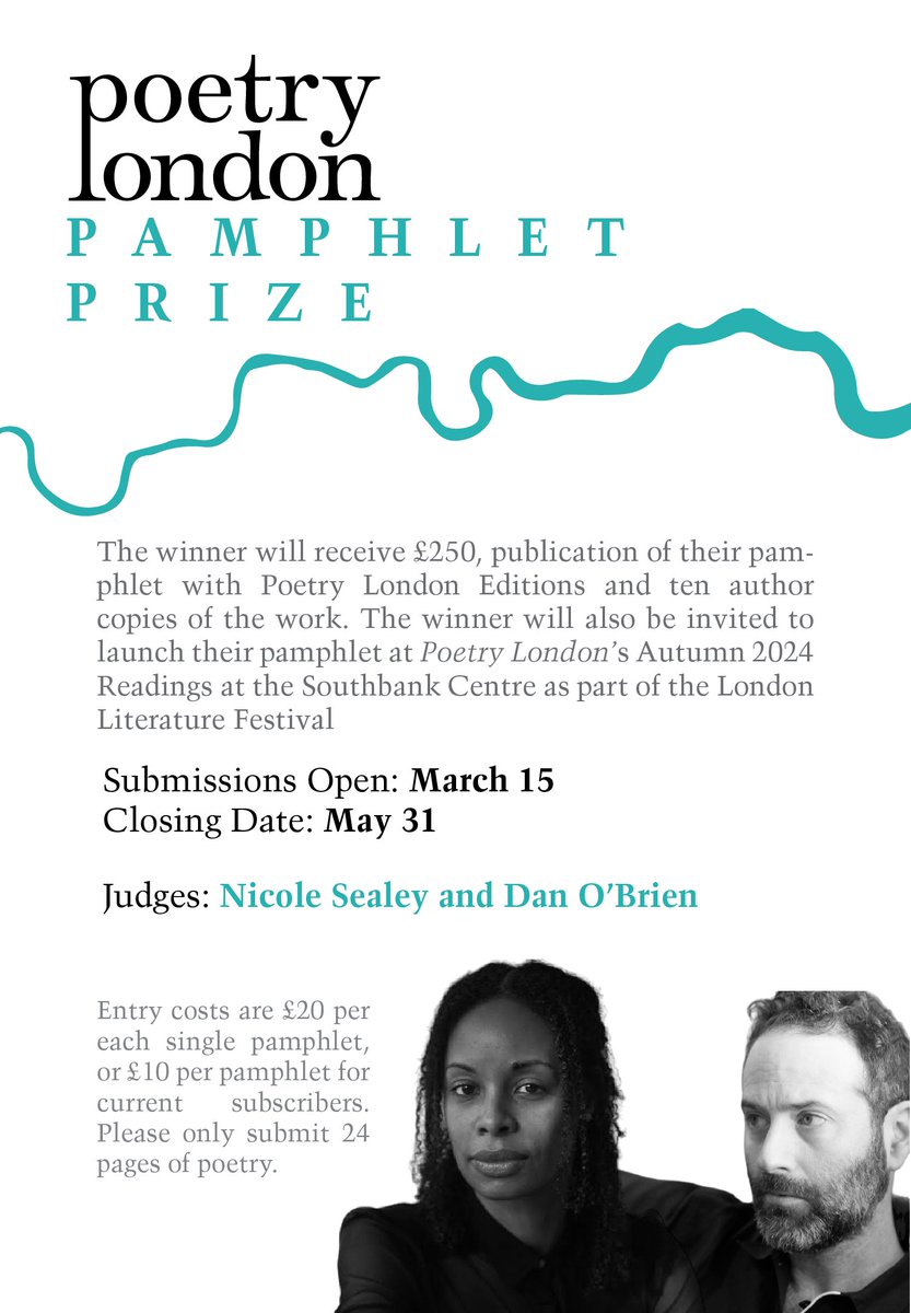Poetry London (@poetry_london) on Twitter photo We're happy to inaugurate the second edition of the PL Pamphlet Prize, judged by <a href="/Nic_Sealey/">Nicole Sealey</a> and @danobrienwriter.
The winner will receive ยฃ250 + publication of their pamphlet with Poetry London Editions + 10 copies of the work. More info at poetrylondon.co.uk/pamphlet-prize/ We're happy to inaugurate the second edition of the PL Pamphlet Prize, judged by <a href="/Nic_Sealey/">Nicole Sealey</a> and @danobrienwriter.
The winner will receive ยฃ250 + publication of their pamphlet with Poetry London Editions + 10 copies of the work. More info at poetrylondon.co.uk/pamphlet-prize/
