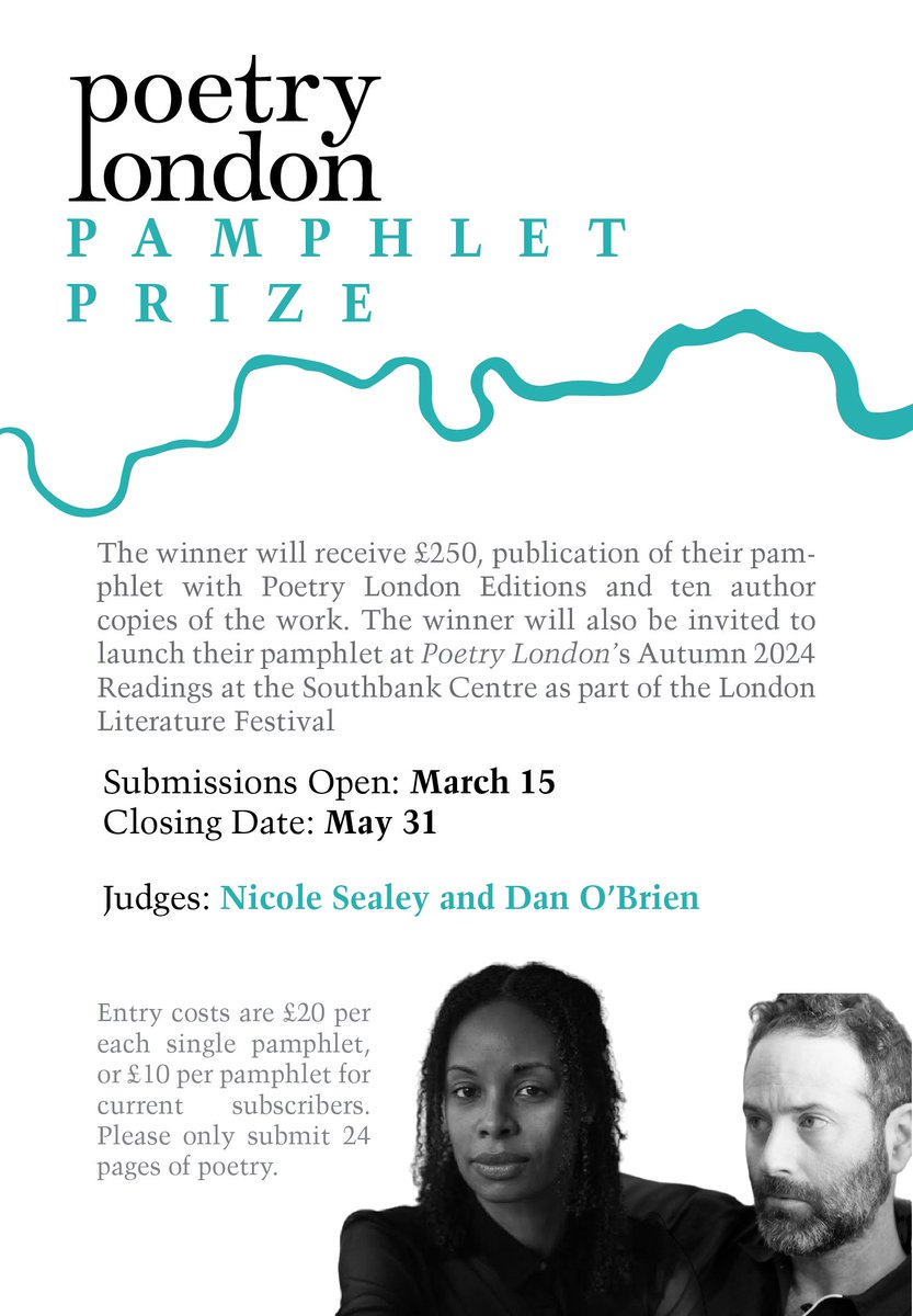 We're happy to inaugurate the second edition of the PL Pamphlet Prize, judged by @Nic_Sealey and @danobrienwriter. The winner will receive £250 + publication of their pamphlet with Poetry London Editions + 10 copies of the work. More info at poetrylondon.co.uk/pamphlet-prize/